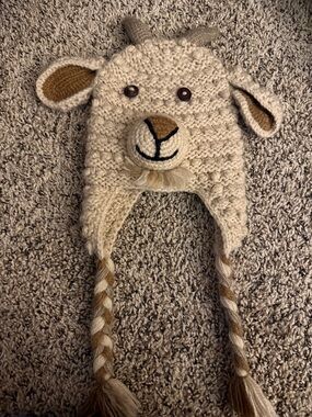 Kids Cream Animal Knit Earflap Hat Andes Kids Billy Goat Handmade in Peru